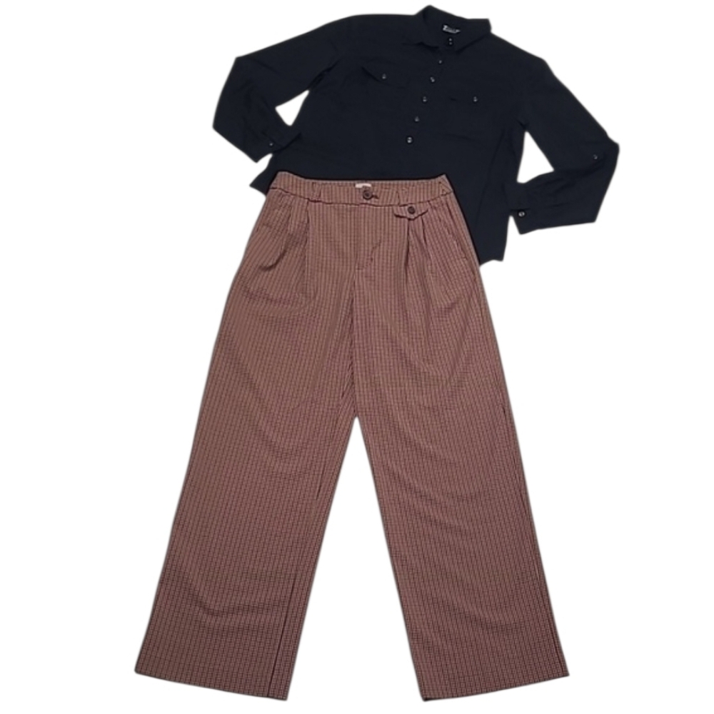 A New Day Plaid Dressy Pant Wide Leg High Waist Rise Retro Dress Trousers Pleats